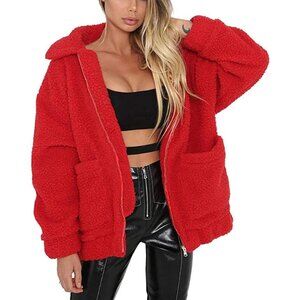 👑Women's Classic Red Casual Fleece Zipper Oversized Outwear Coat Warm Jacket